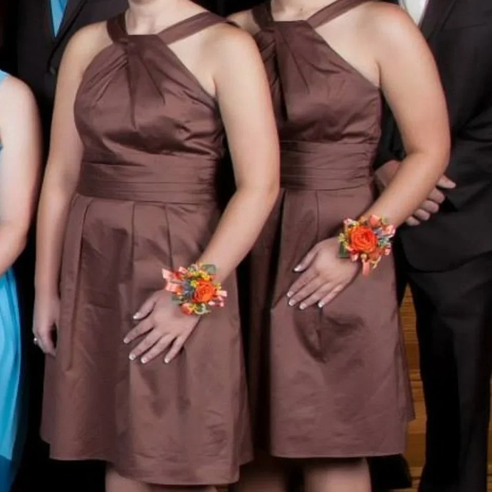 David’s Bridal Cocoa/Chocolate Short Cotton Dress Y-Neck and Skirt Pleating - 2 - Picture 1 of 6